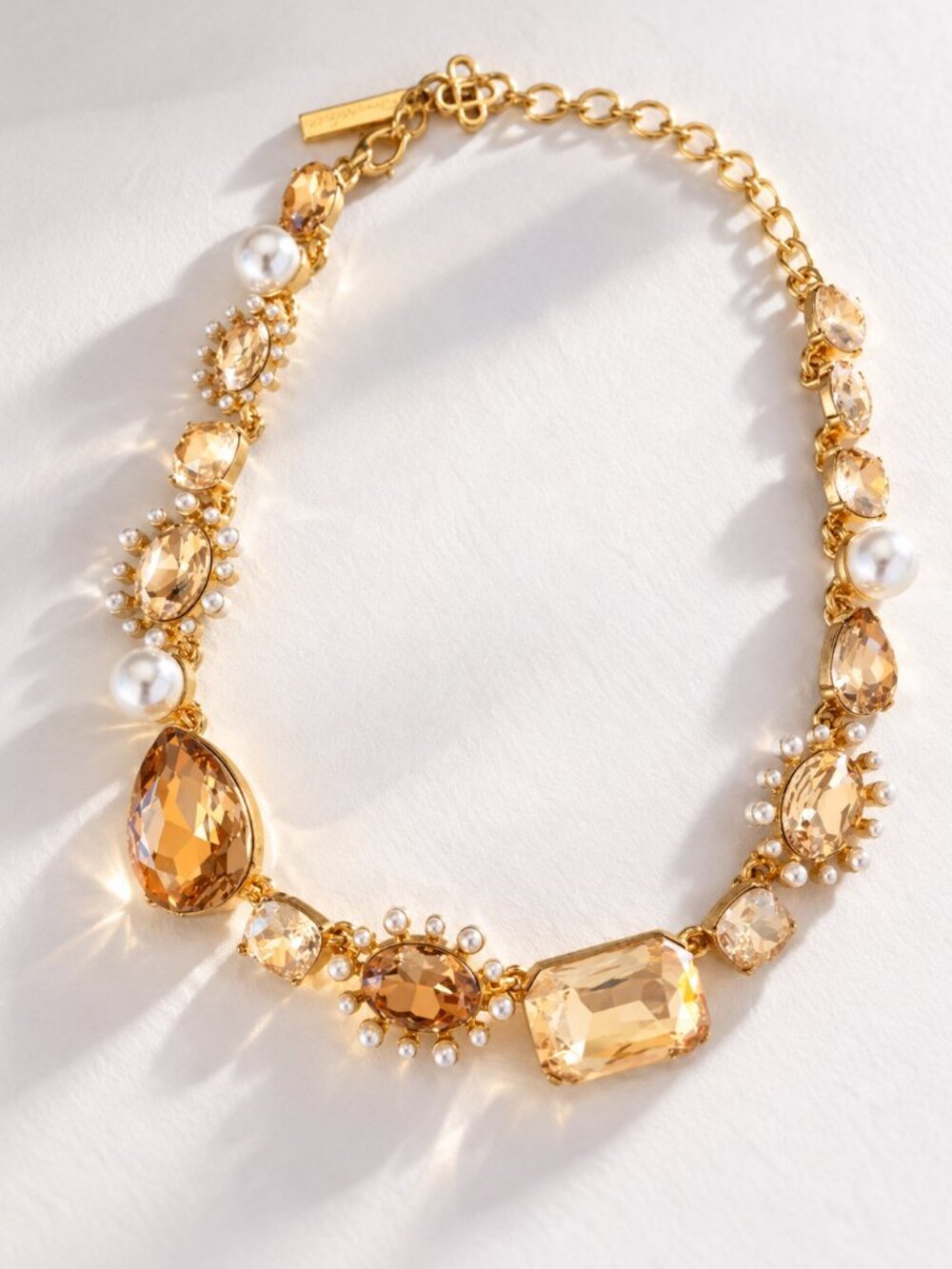 Oscar de la Renta Crystal Statement Necklace Gold Tone Pearl Embellished Vintage